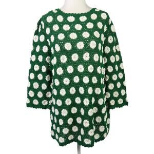 Vintage 70s dark green and white floral crochet knit sweater L